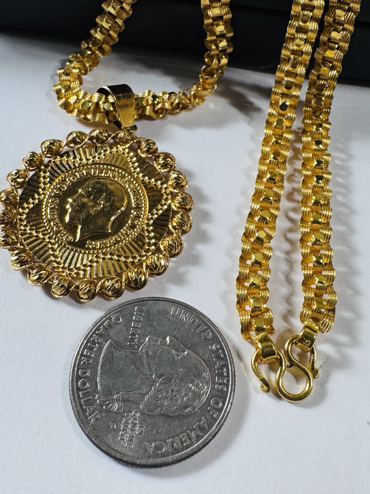 Solid Pure Genuine 22K 916 Dubai Gold Rare Coin Necklace 17.5/18 Inch 6mm 25.14g