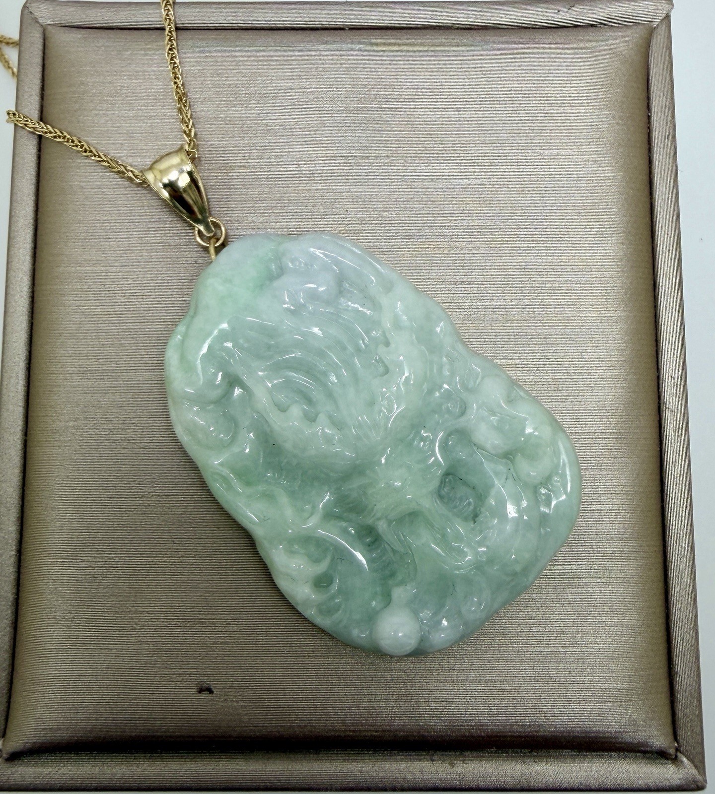 Real 10K Bail Top 100% Natural Green Jade Pendant Dragon Myanmar Jade FREE CHAIN