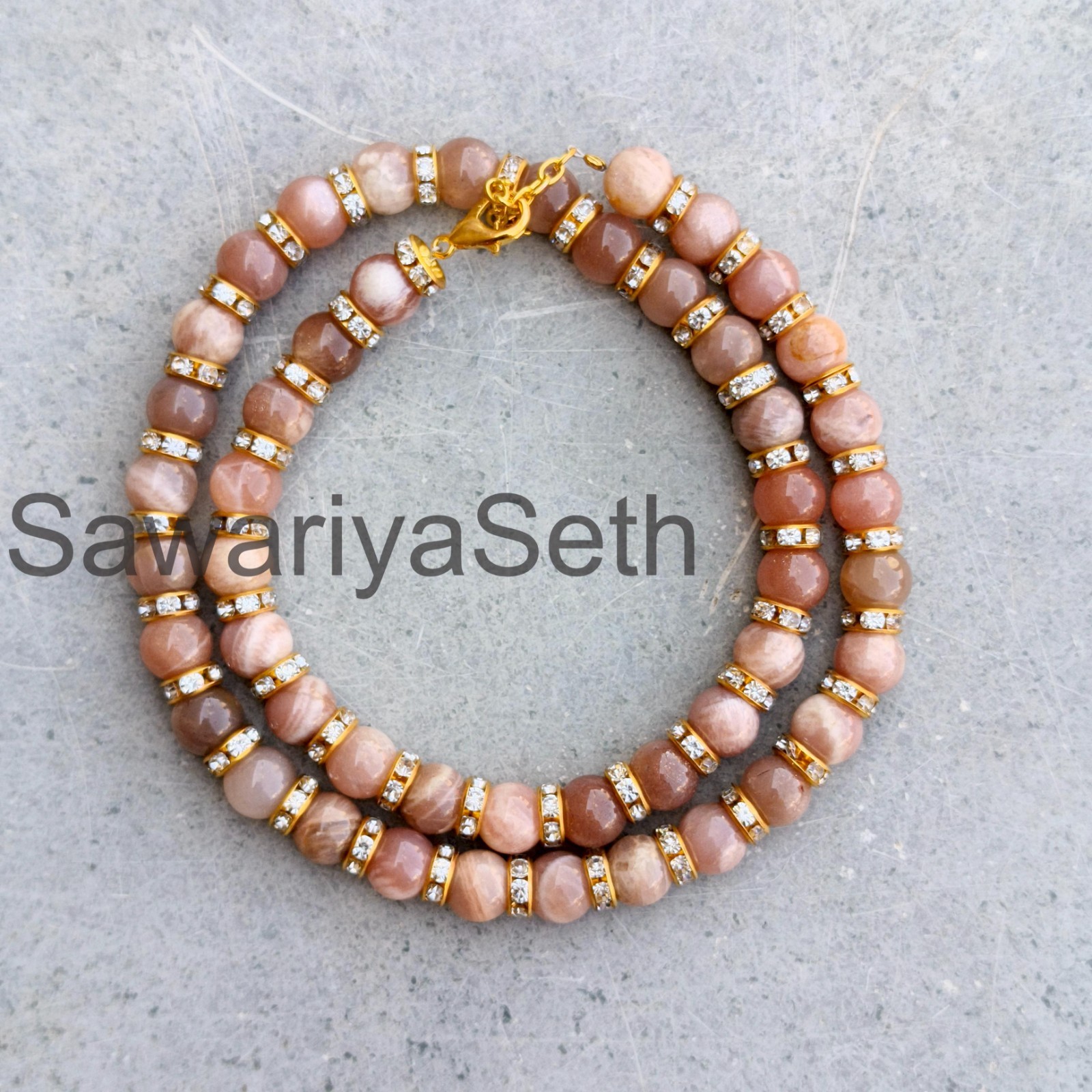 Brown Moonstone 8mm Beaded Necklace, Sterling Silver Clasp, June Birthstone Chok