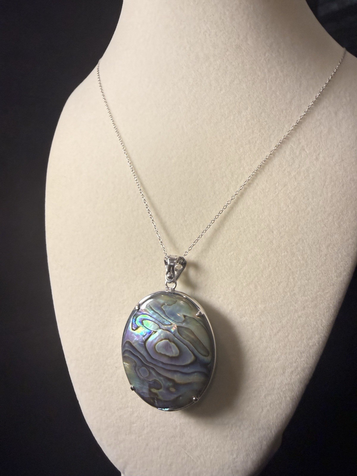 925 Sterling Silver Reversible Abalone Turquoise Oval Pendant Necklace 24” BBJ