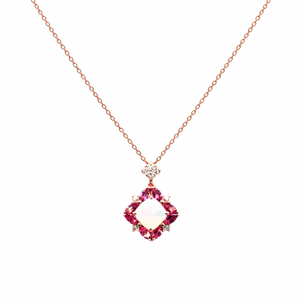 Thai Handmade 8 x 8 mm. White Moonstone Rhodolite Zircon Necklace 18.0 in