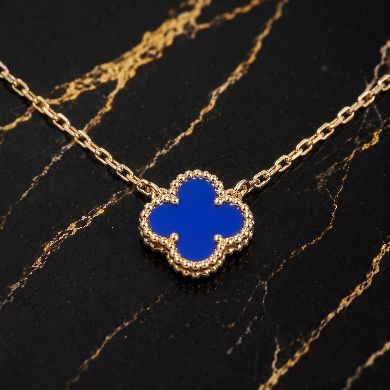Blue Agate Clover 18” Adjustable Necklace 14k Gold over 925 Sterling Silver