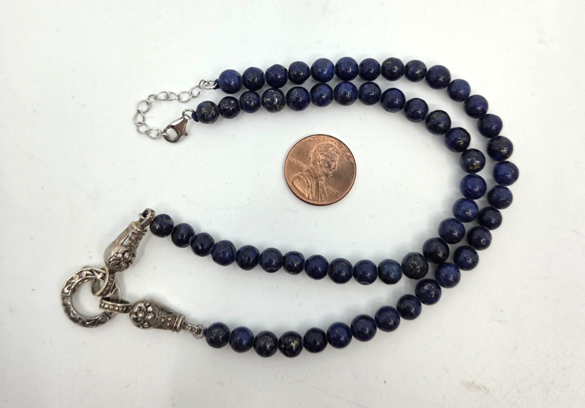 Sterling Silver 925 Lapis Lazuli Beaded 6 mm Necklace 18 inch