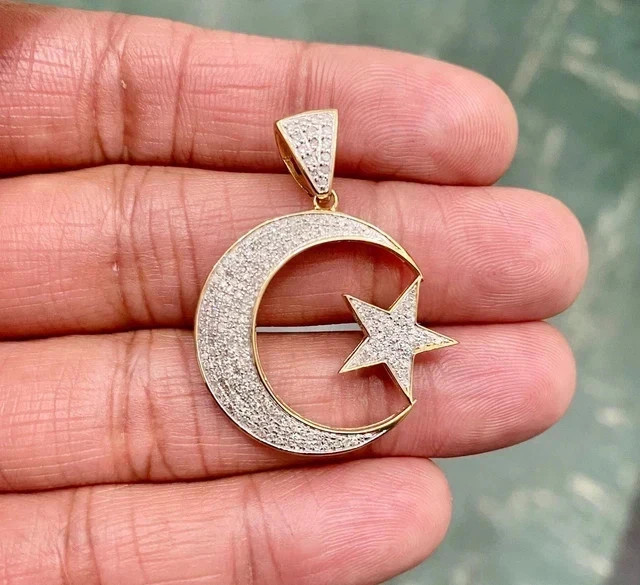 2 Ct Lab Created Diamond Crescent Moon Star Pendant 14K Yellow Gold Plated
