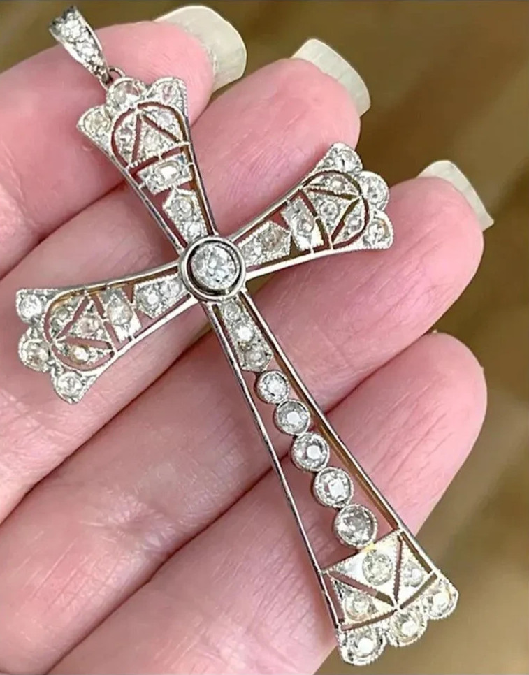 Vintage Art Deco Filigree Cross Pendant Round Moissanite 14K Gold Plated Silver