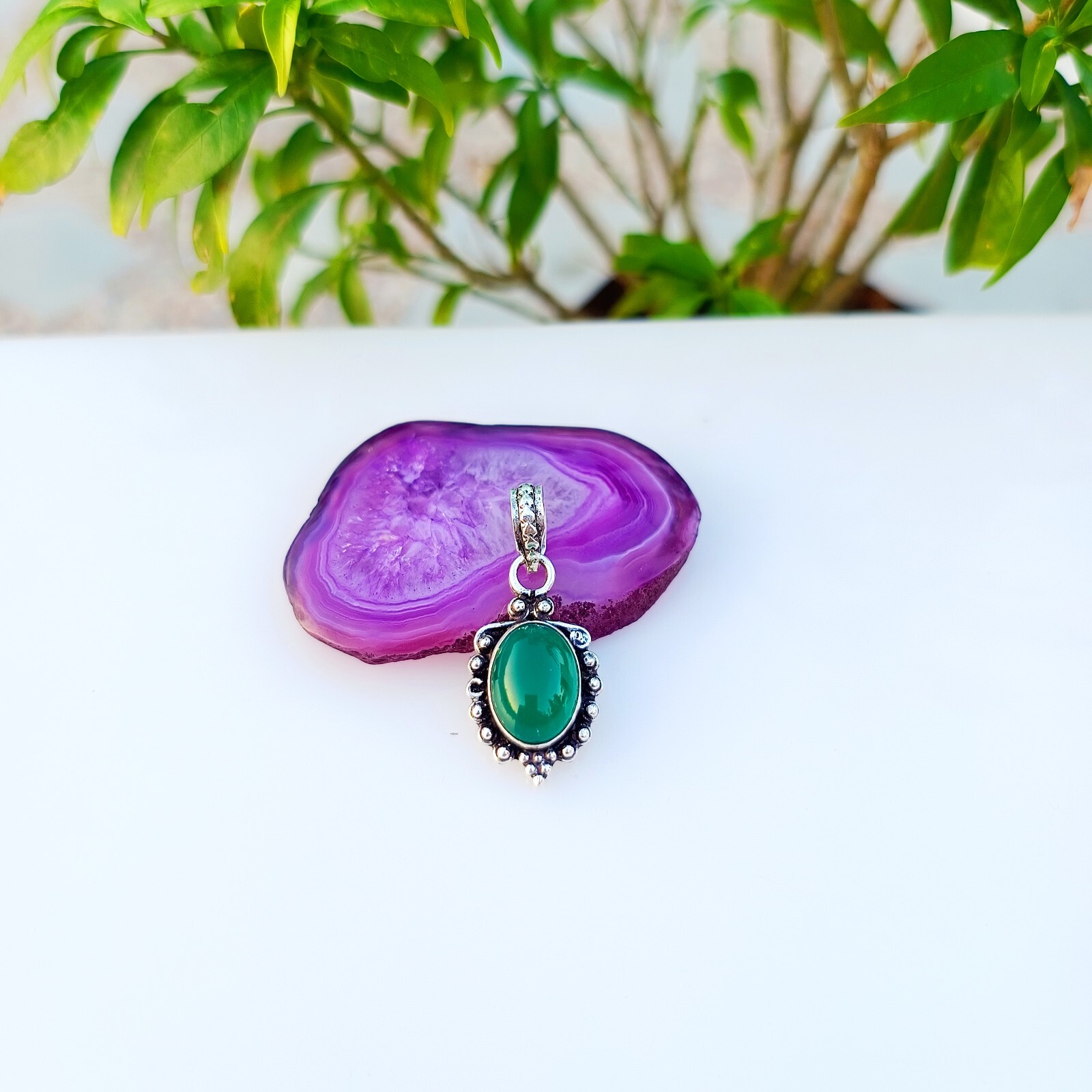 Natural Green Onyx Gemstone Pendant 925 Sterling Silver Handmade Jewelry