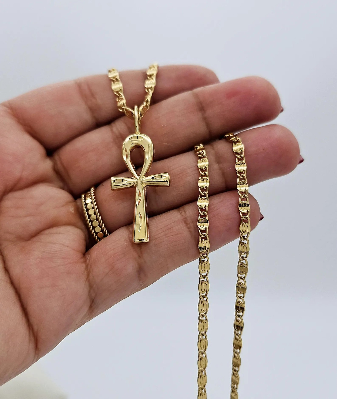Gold Ankh Necklace, Diamond Cut Ankh Necklace, 14k Heavy Plated Gold, 3mm Chain