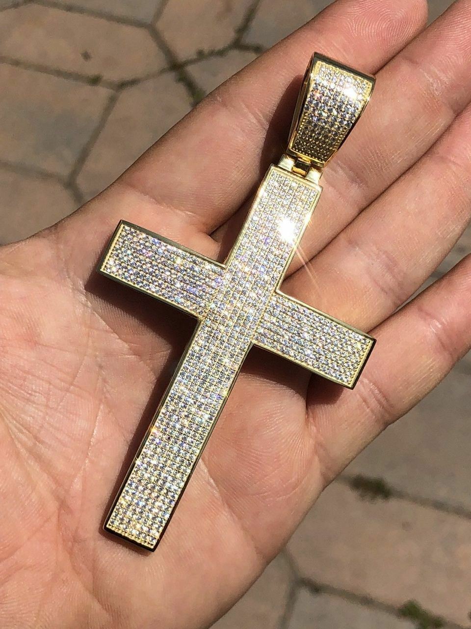 14k Gold Plated Solid 925 Silver Mens Large Cross CZ 3.25” BIG Hip Hop