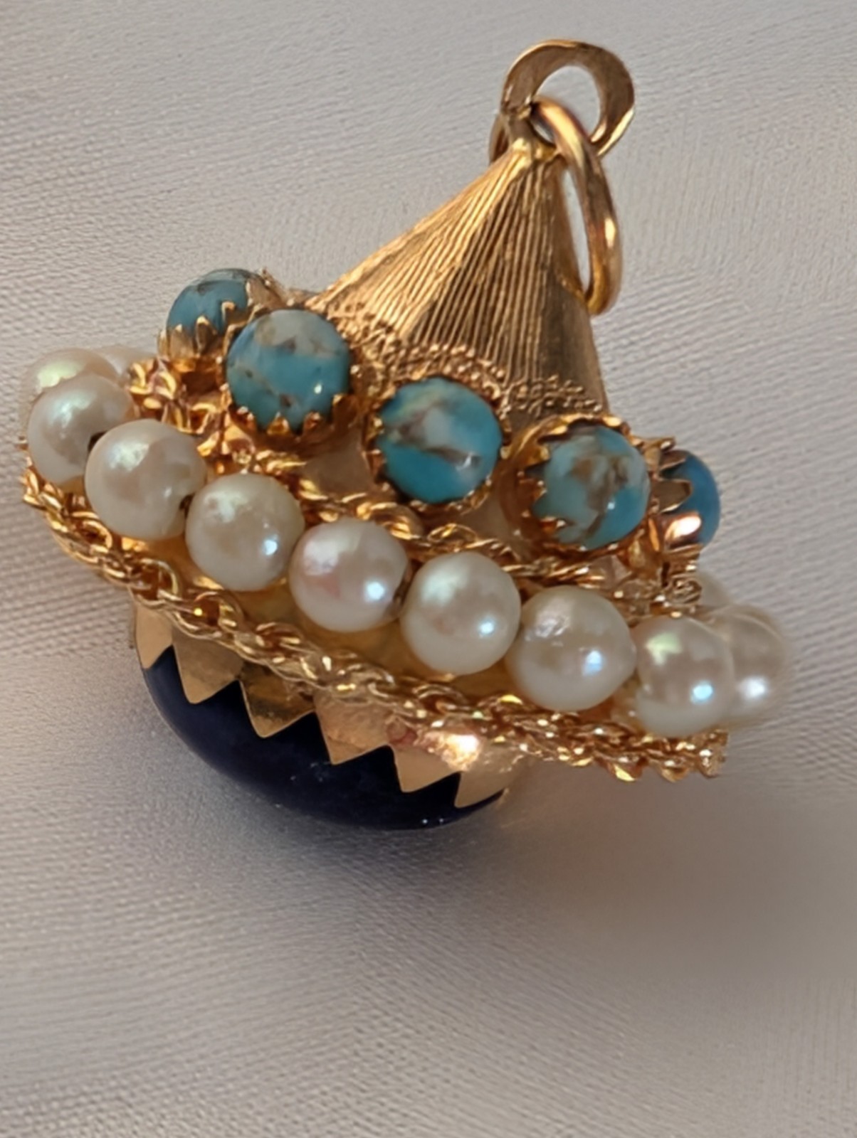 18K Gold ~ETRUSCAN STYLE LAPIS PEARL TURQUOISE~ Fob Charm Pendant