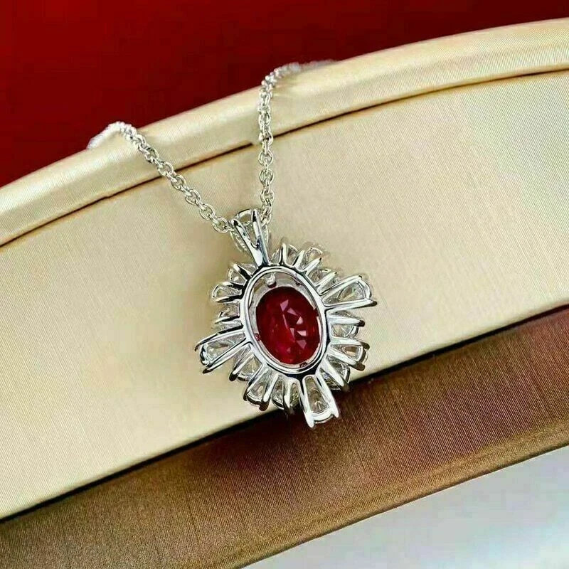 2Ct Oval Cut Red Ruby Diamond Halo Pendant 14K White Gold Finish 18″ Free Chain