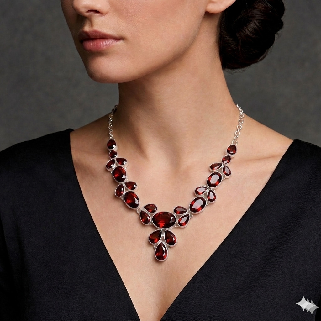 Red Garnet Gemstone 925 Sterling Silver Jewelry Necklace Size-17-18″