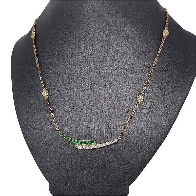 14K Yellow FN Lab Created Emerald Double Bar Charm Diamond By The Yard Necklace