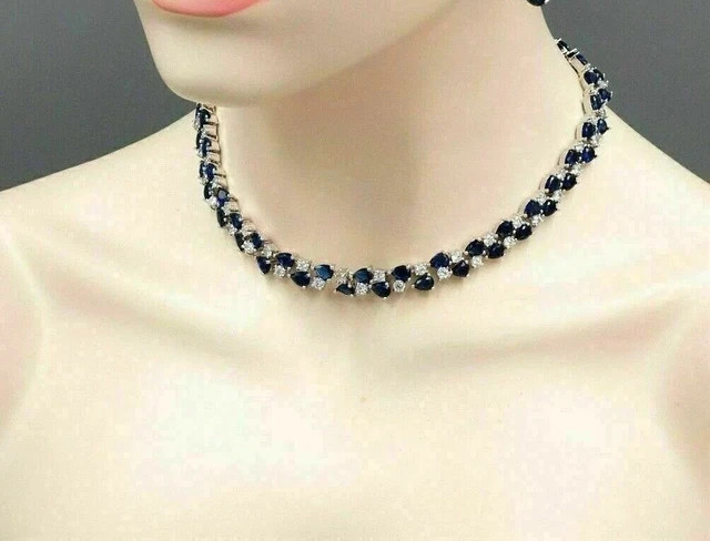 Lab Created Sapphire 8Ct Pear Cut Choker Tennis Necklace 925 Sterling Sliver