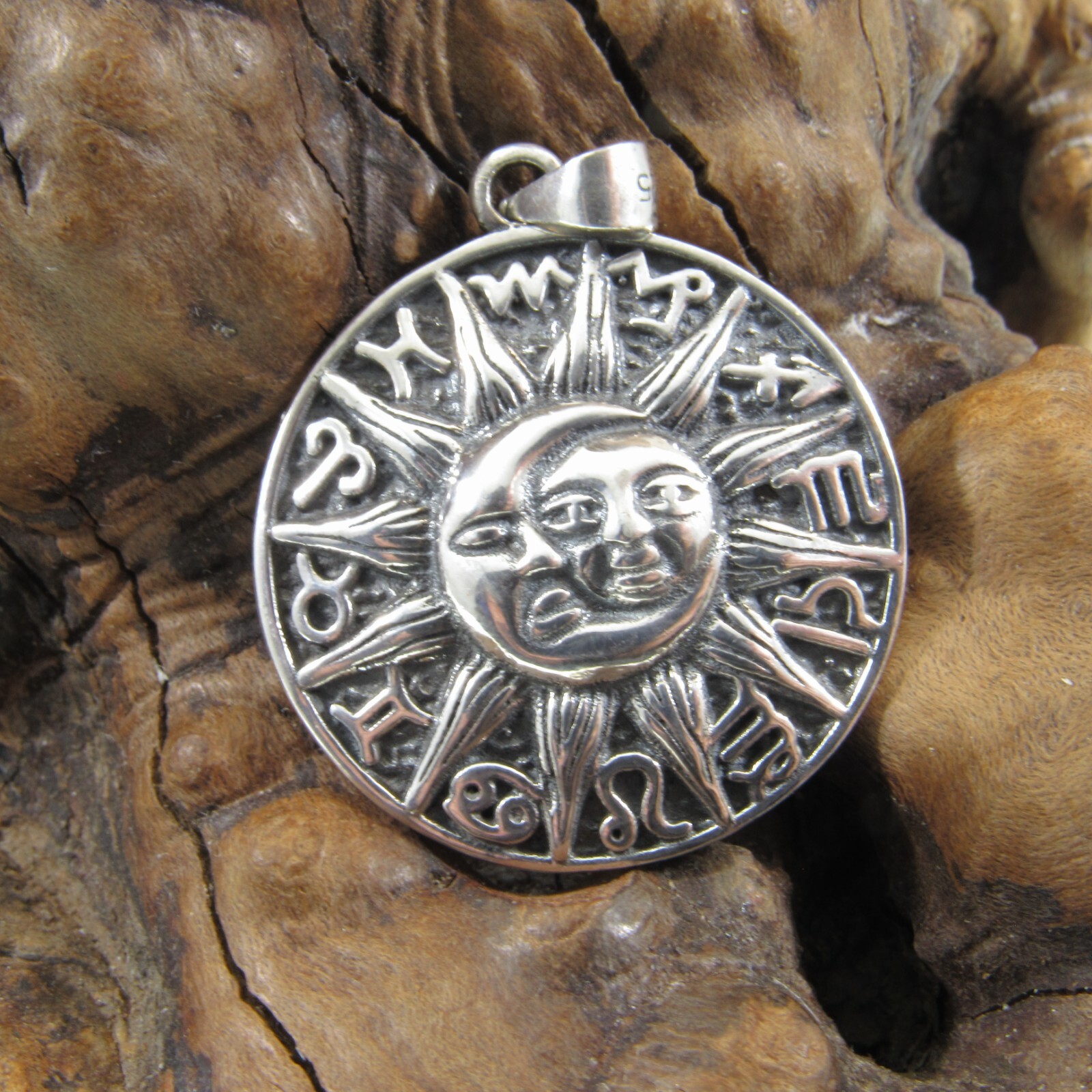 Solid 925 Sterling Silver Zodiac Wheel Moon & Sun Faces w/ Runes Pendant