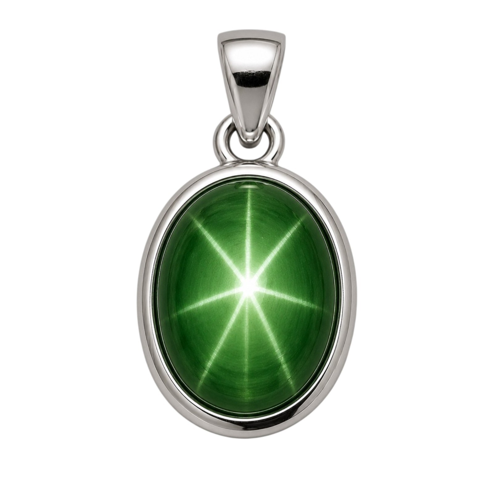 Green Star Sapphire Pendant Oval Gemstone 925 Sterling Silver Six Ray Gemstone