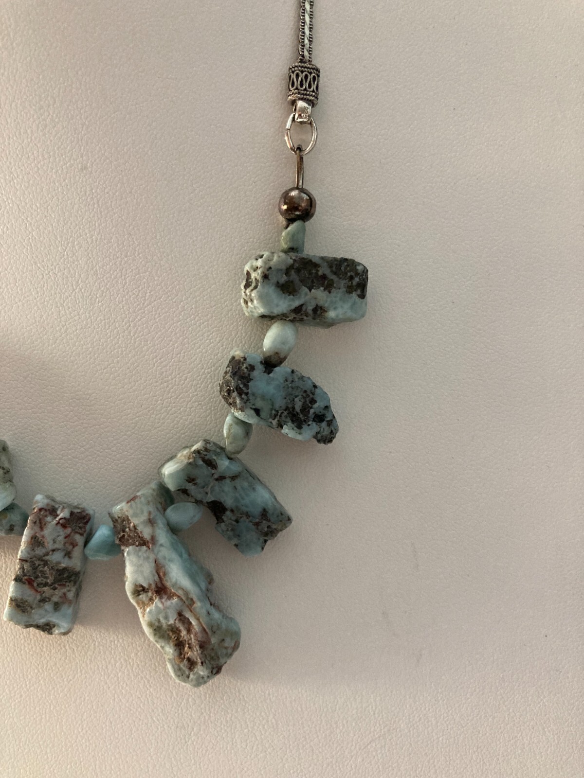 .925 Sterling Silver 20″ Rough Cut Nuggets Larimar Necklace Bali style chain