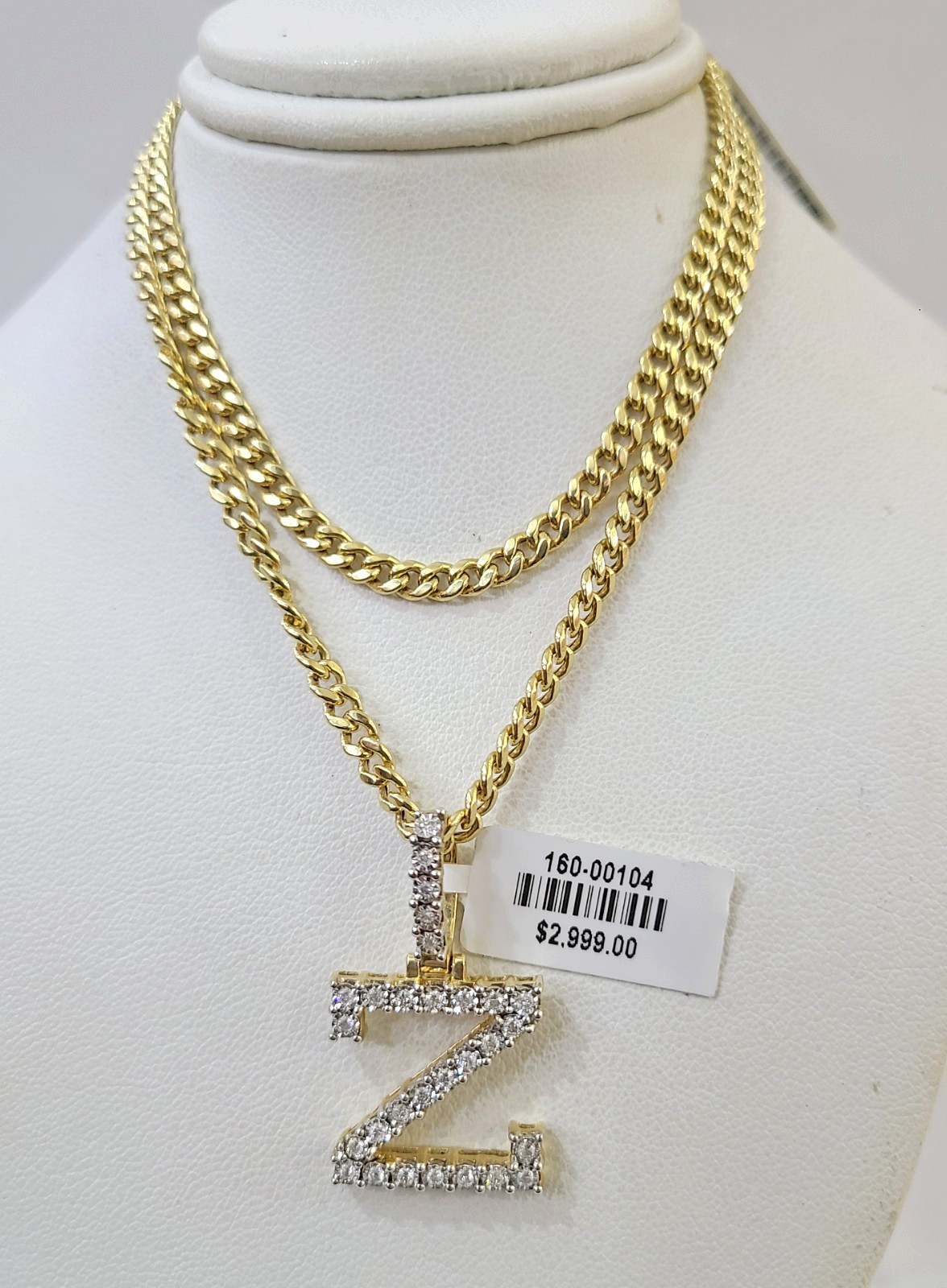 10K Gold Miami Cuban Chain Z Diamond Initial 20″-28″ 3mm Pendant Necklace SET