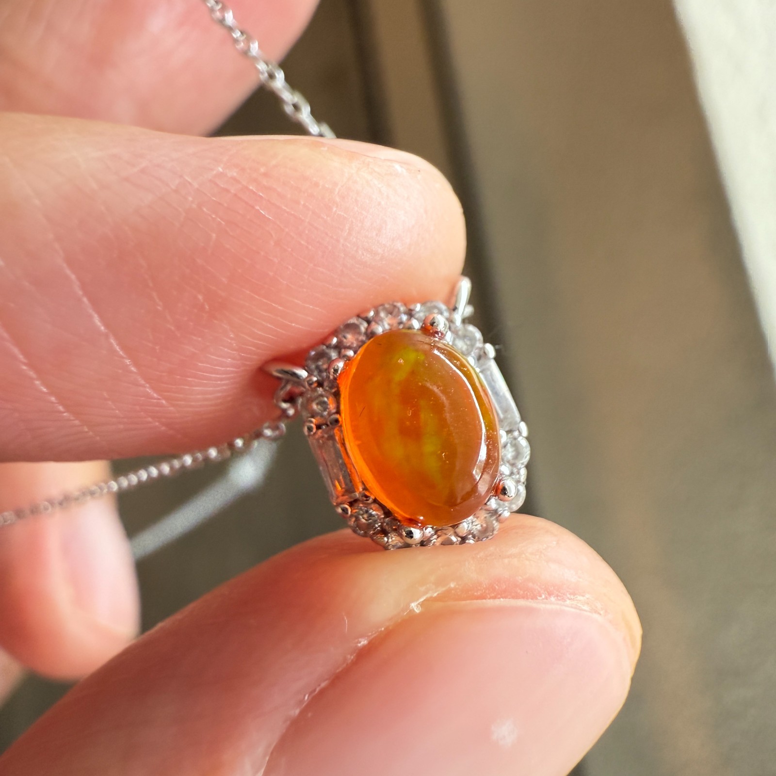 925 Sterling Silver Necklace 7x6mm Natural Fire Opal Gemstone Zircon Women Cute
