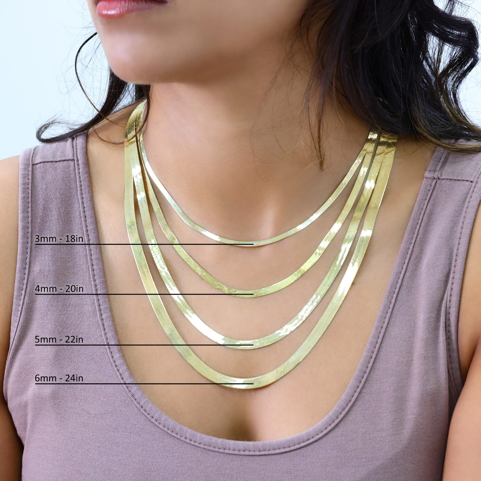 10K Yellow Gold Solid 3mm-9mm Flat Silky Herringbone Chain Necklace 16″- 24″