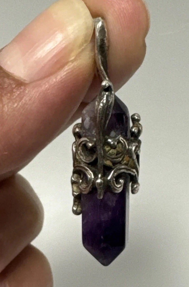 Amethyst Crystal Point Pendant Ornate Silver Tone Filigree Boho 1”