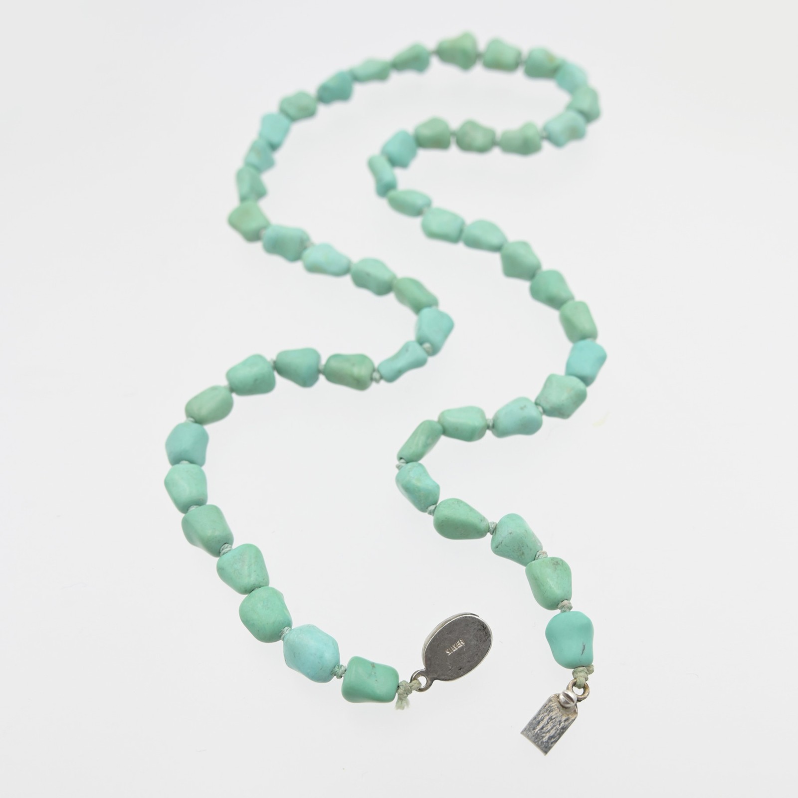 Old Vintage Chinese Export ‘Knucklebone’ Turquoise Necklace w/ Silver Clasp