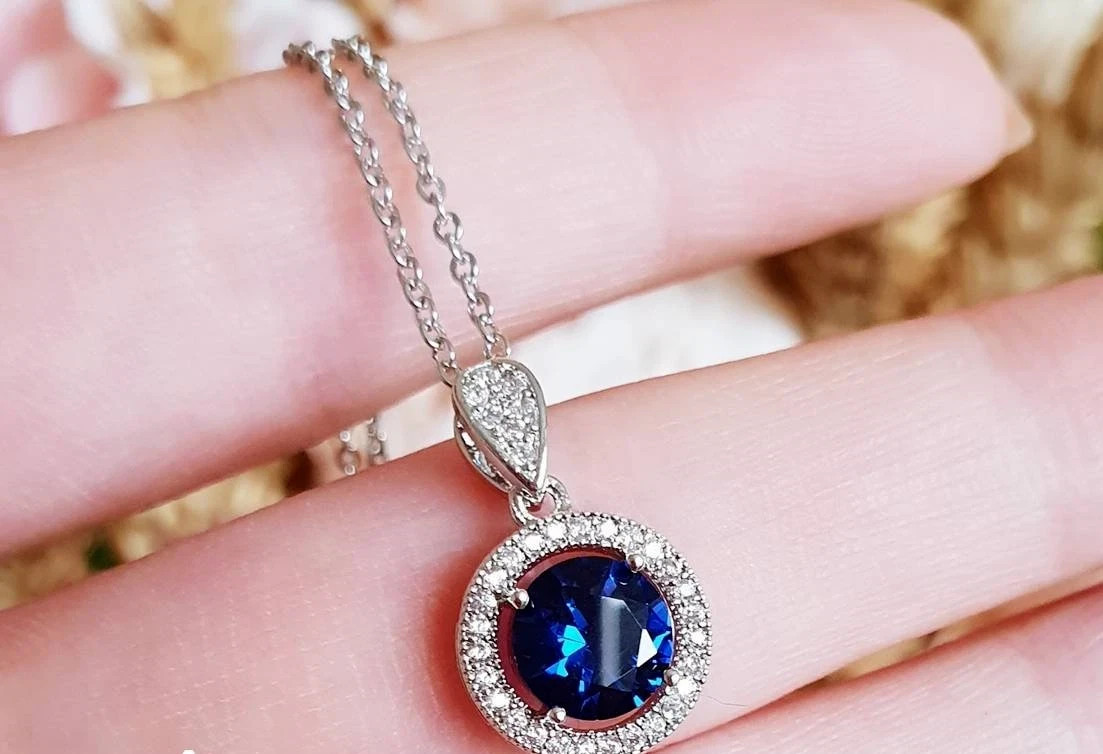 2Ct Round Cut Blue Sapphire & Diamond Pendant 14K White Gold Finish free chain