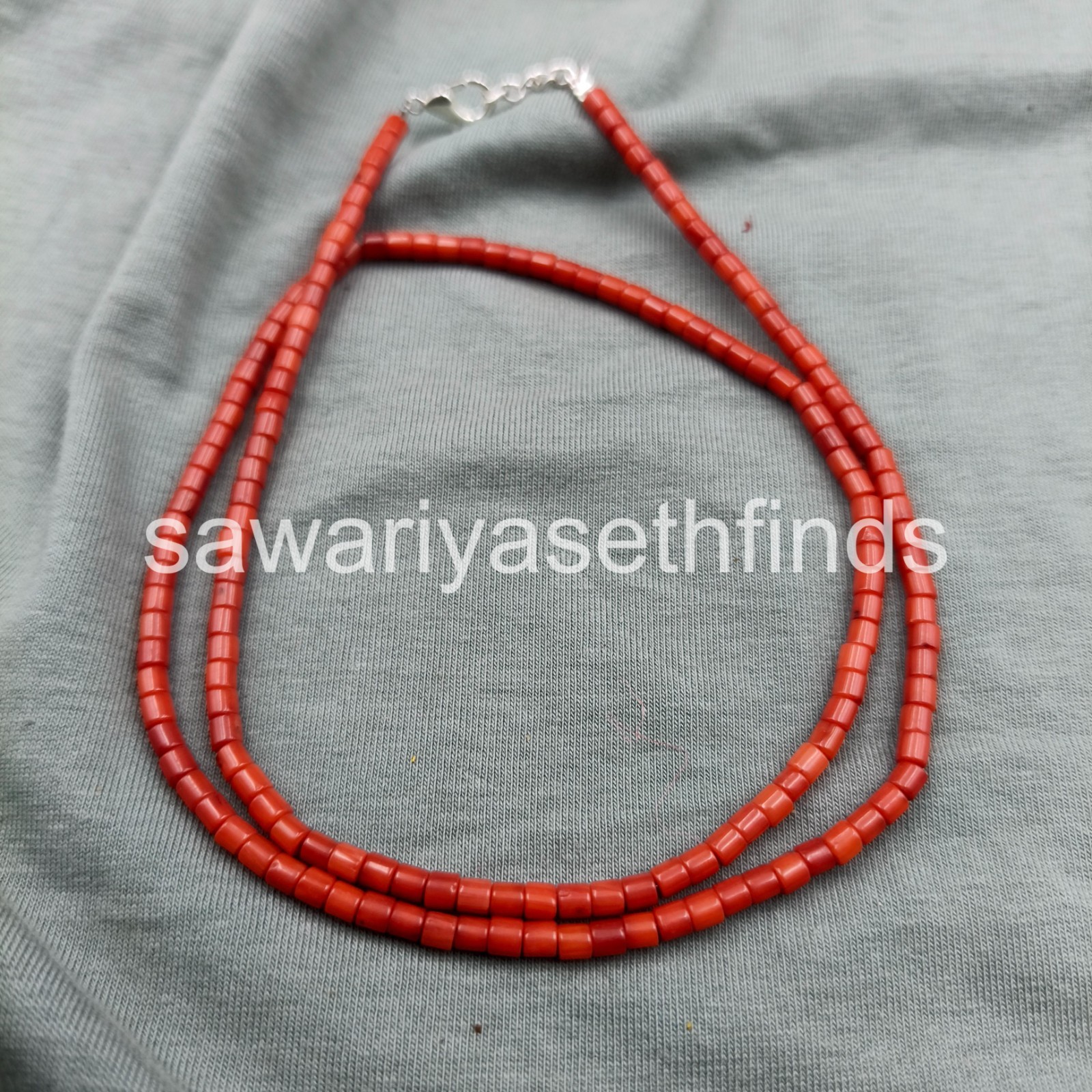Red Coral 3mm Tube Beaded Necklace, Sterling Silver Clasp, Handmade Gemstone Jew