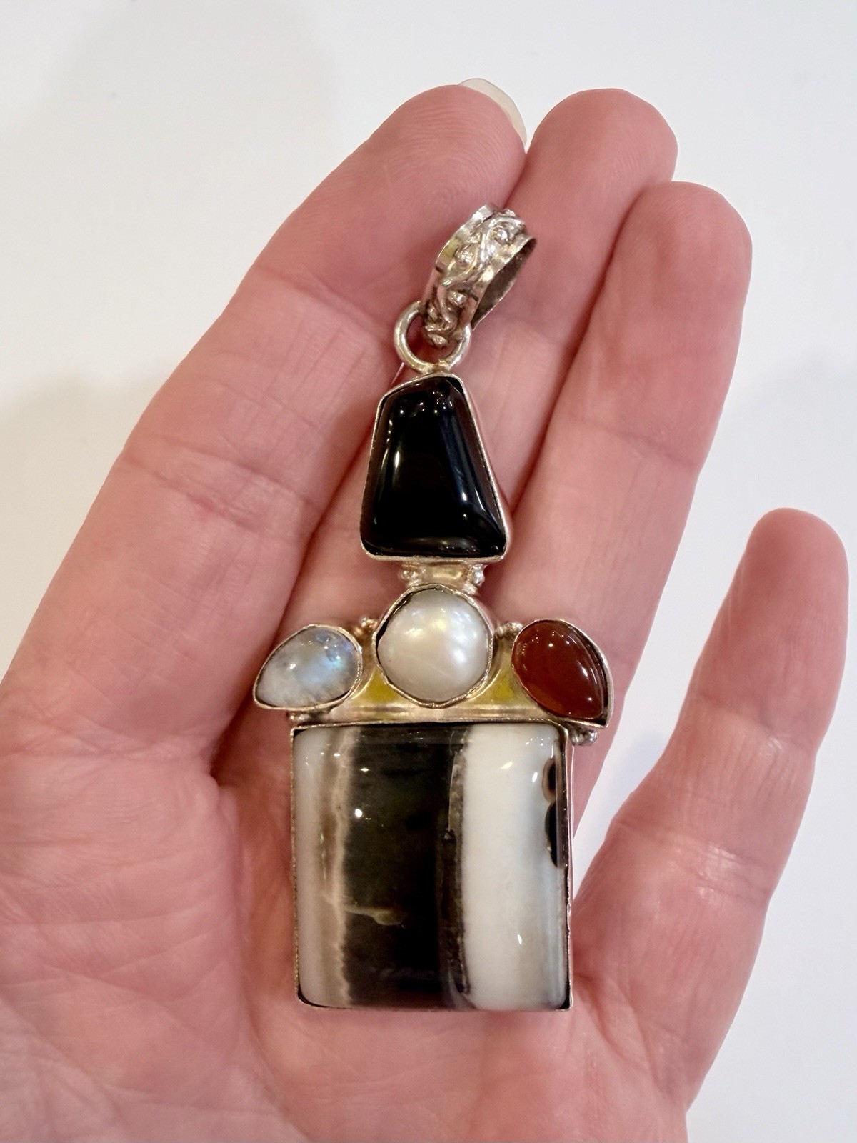 Unique Sterling Silver 925 Gemstone Pendant Agate Onyx Moonstone Pearl Carnelian