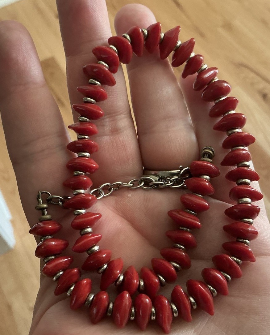 Faux Red Coral And Sterling Beaded Necklace Choker Collar Length 14.25”-16.25”