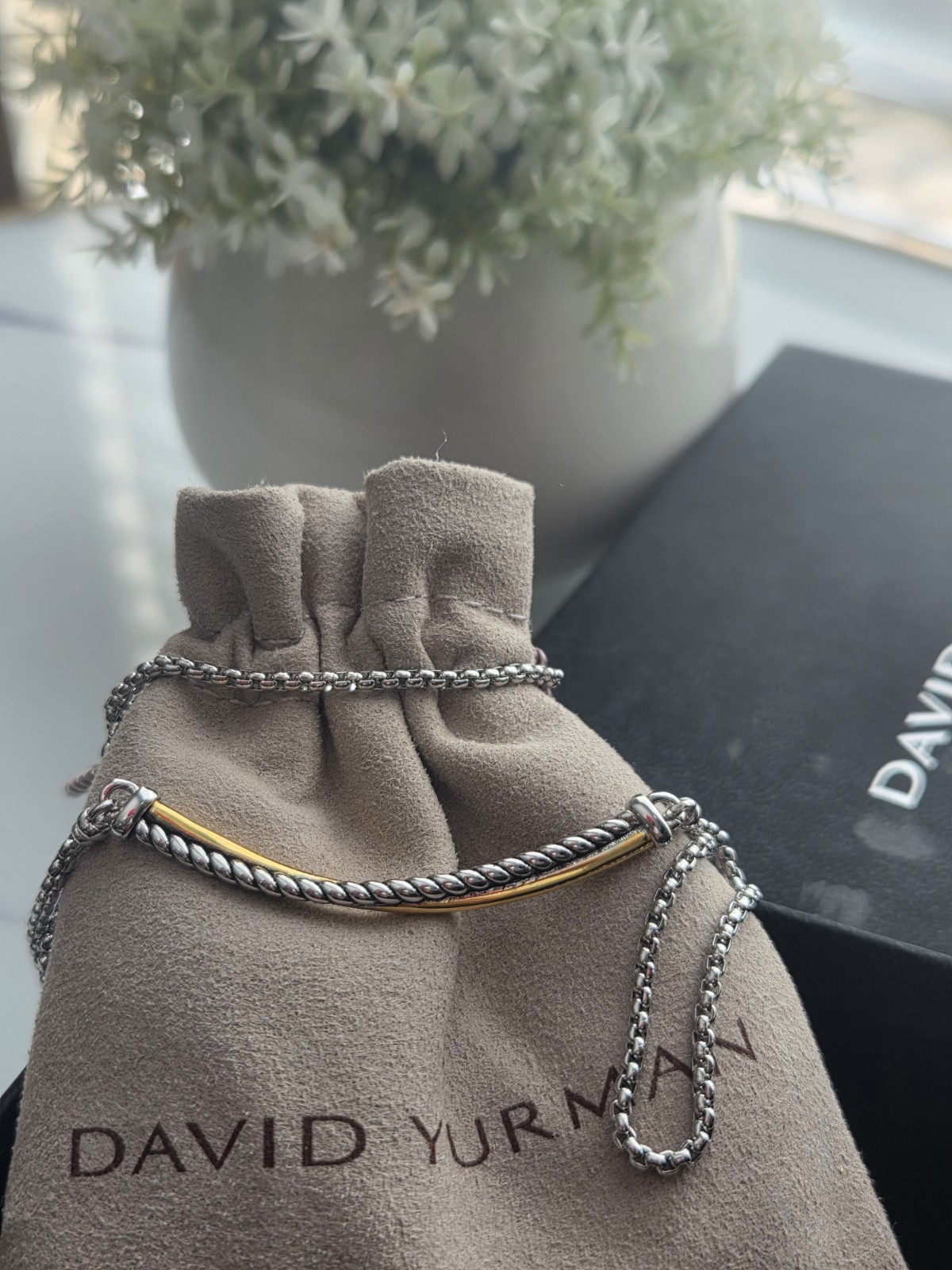 David Yurman Sterling 925 Silver Crossover Bar Necklace 22″ with 18K Gold