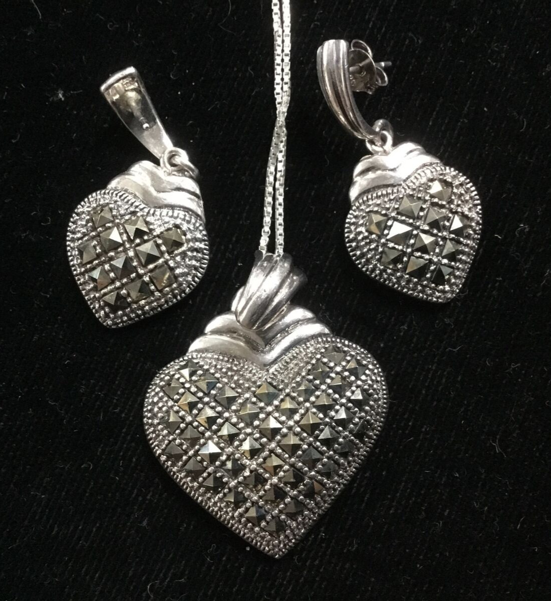 Vintage Marked 925 Silver and Marcasite Pendant and Earrings Set Stamped TH SU