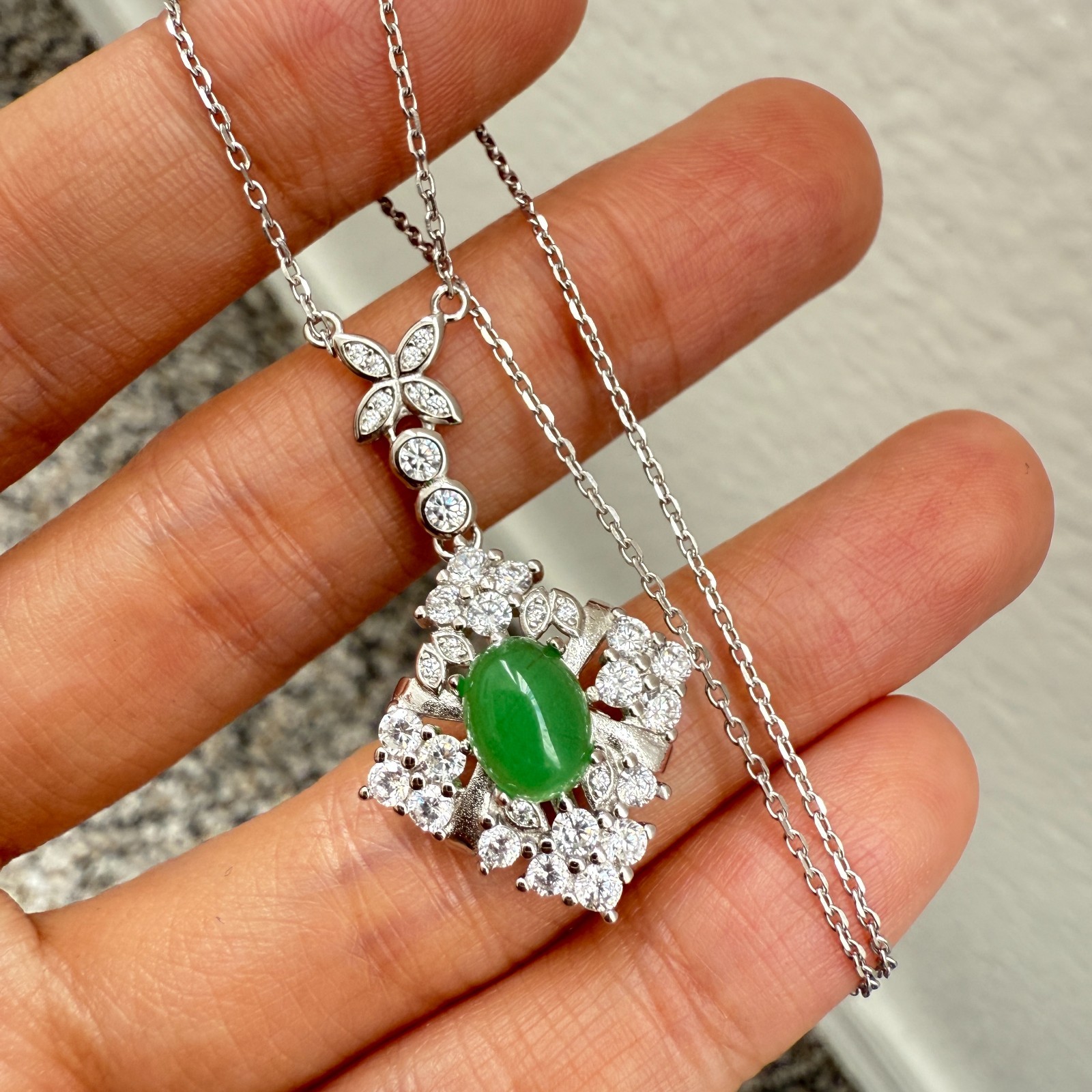 925 Sterling Silver Necklace 8x6mm Natural Emerald Gemstone Zircon Flower Chain