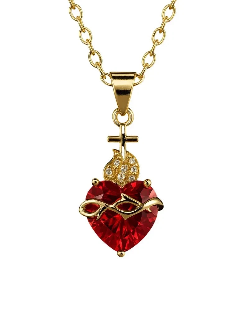 Red Garnet Diamond 14K Yellow Gold Over Sacred Heart Pendant 18″ Chain Necklace