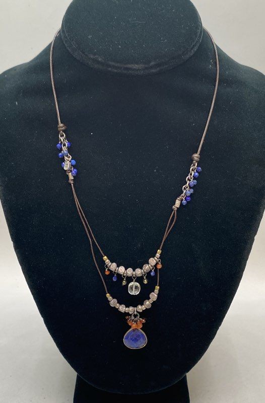 NAJ Sterling Silver 925 Lapis Lazuli Carnelian Quartz Leather Necklace 28″