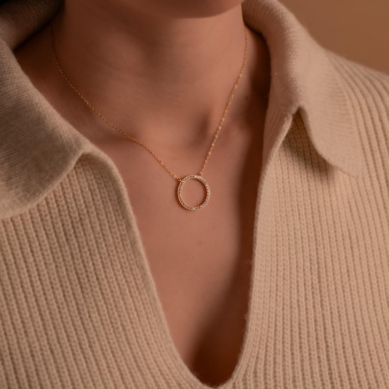 Minimalist Open Circle Round Cut Necklace Natural GH/SI Diamond 14k Yellow Gold