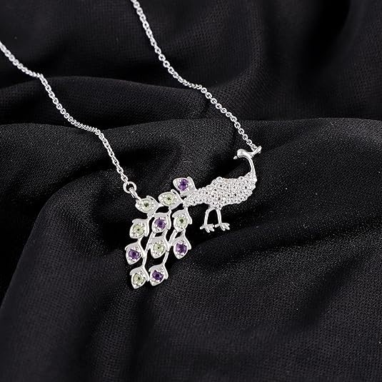 Amethyst Peridot & White Topaz Peacock Necklace Bird Pendant For Women