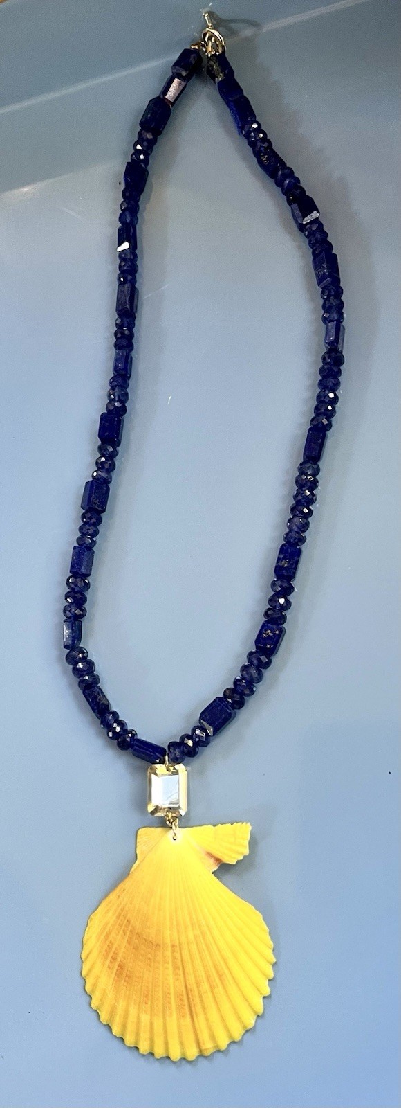 Lapis Kyanite Bead Necklace With Emerald Cut Citrine And Yellow Scallop Shell