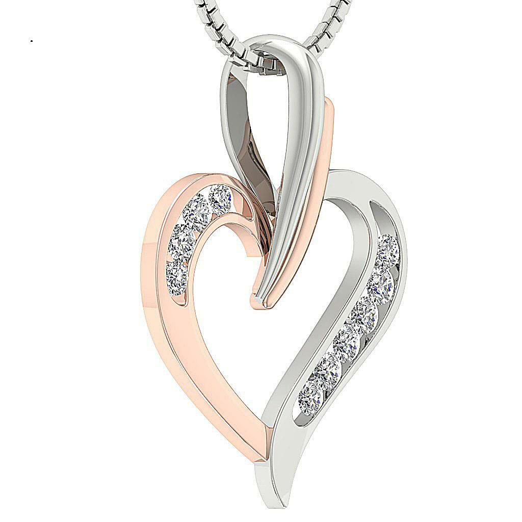 Heart Pendant Necklace SI1 G 0.40 Ct Round Diamond 14K Two-Tone Gold Channel Set