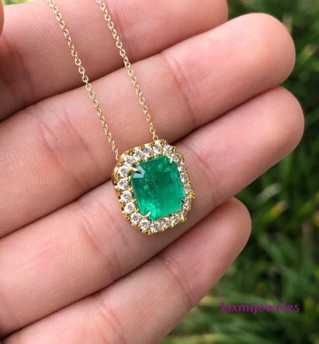 3Ct Emerald Cut Green Lab-Created Diamond Pendant Halo 14K Yellow Gold Finish