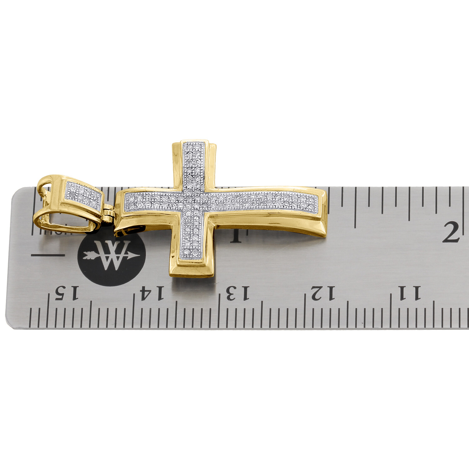 10K Yellow Gold Real Diamond Concave Cross Pendant Pave Set 1.15″ Charm 0.17 CT.