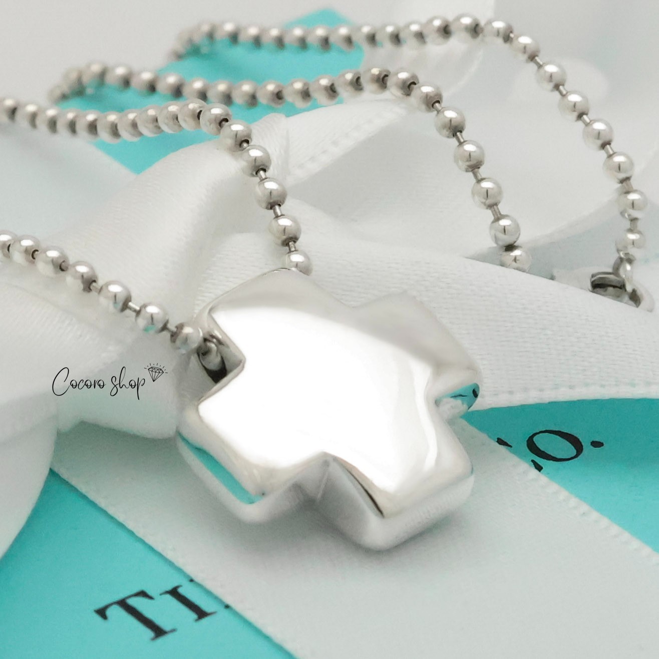 Authentic Tiffany & Co. Roman Cross Ball Chain Necklace 16″ Silver 925 w/Pouch
