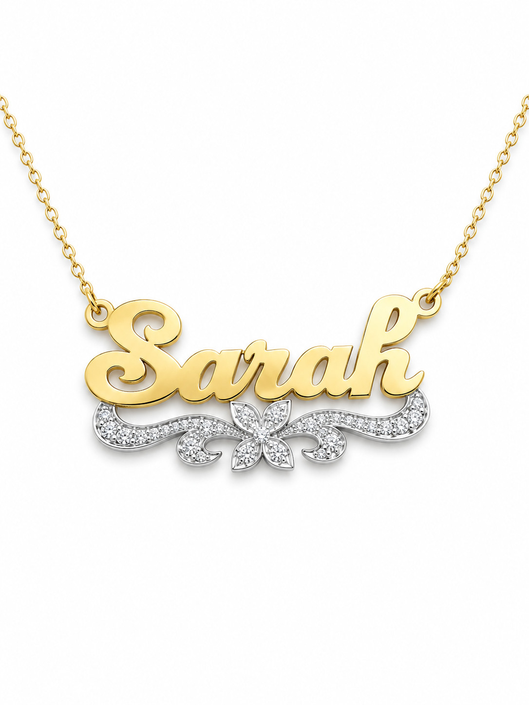 “SARAH” Name Necklace Sterling Silver Gold Plated CZ 16-18″ Adjustable