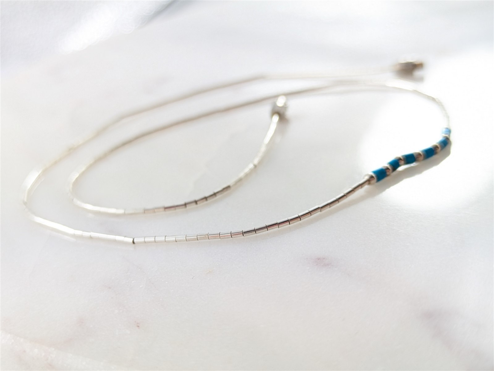 Vintage Solid Sterling Liquid Silver Beaded Turquoise Necklace 2 Grams