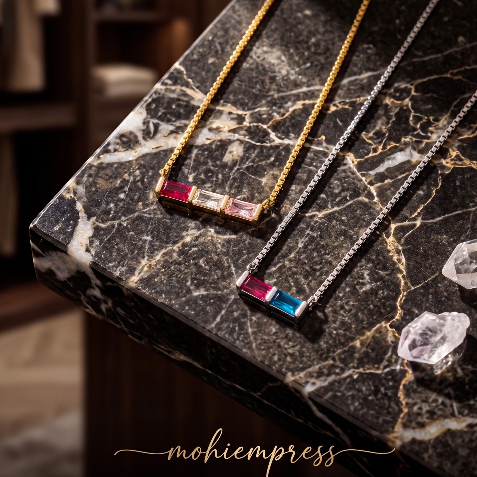 925 Sterling Silver Custom Baguette Birthstone Bar Necklace