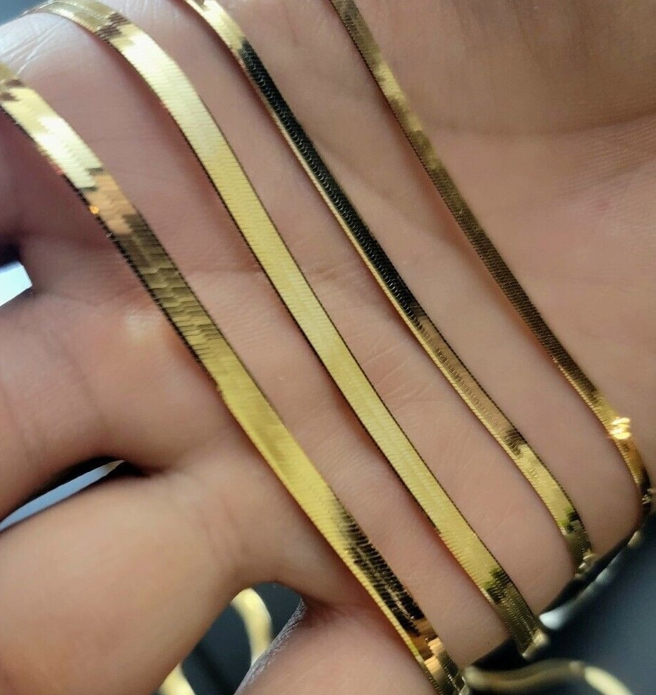10K Solid Yellow Gold High Polish Herringbone Chain Necklace 2.5mm-4mm 16″-24″