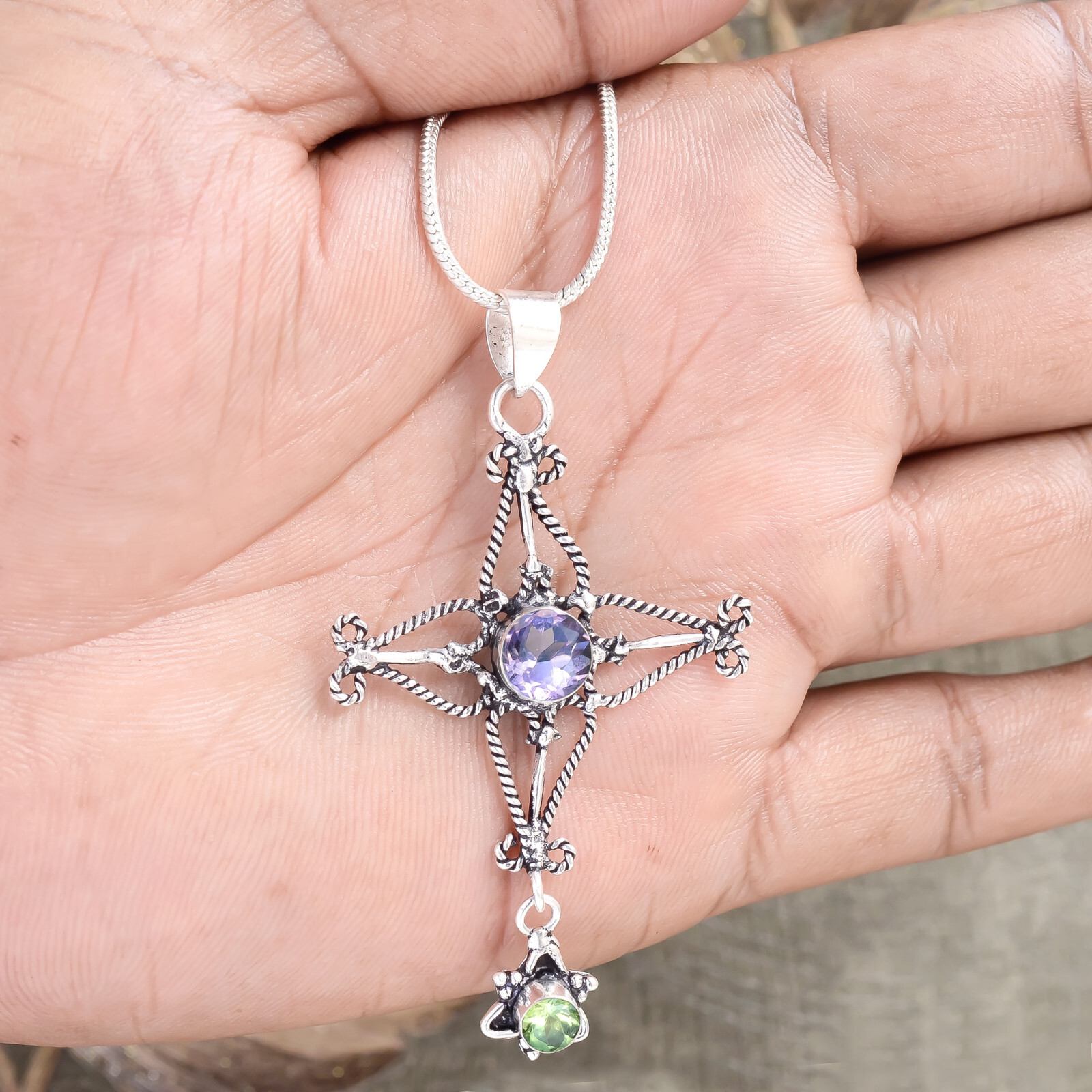 Amethyst Cut & Peridot Cut Gemstone 925 Sterling Silver Cross Beauty Art Jewelry