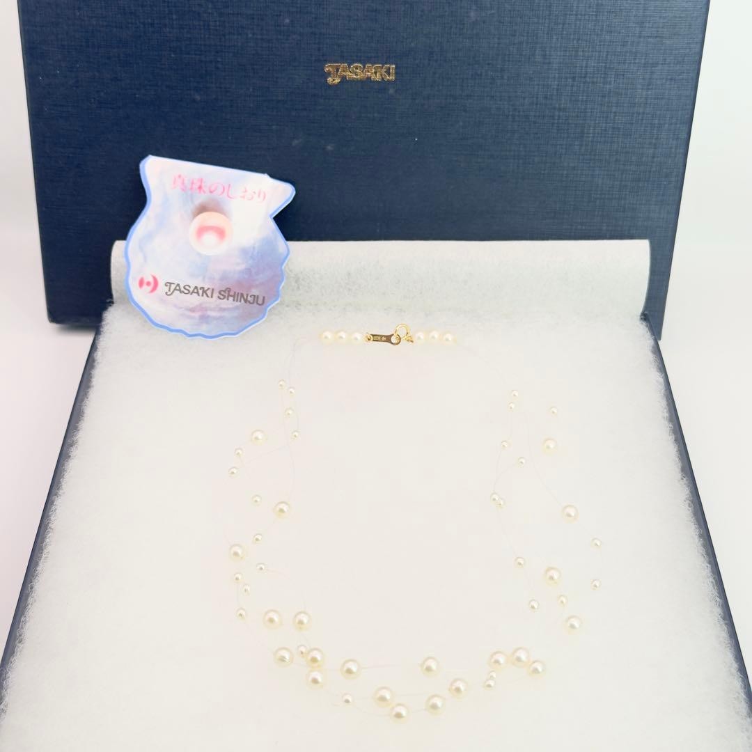 TASAKI 18K White Pearl 3-Row Wire Necklace 3-5.2mm 40cm 6.8g Triple Strand w/Box