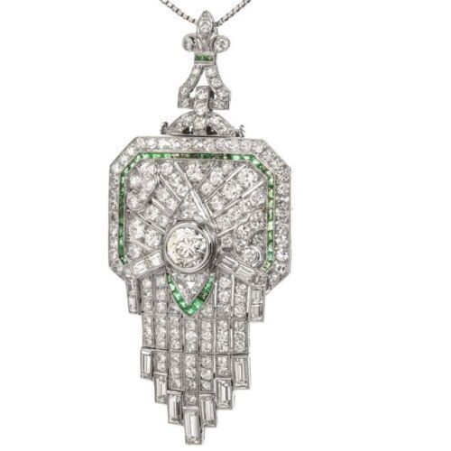 Real Moissanite Art Deco 3.00Ct Round Cut Pendant Chain 14K White Gold Plated