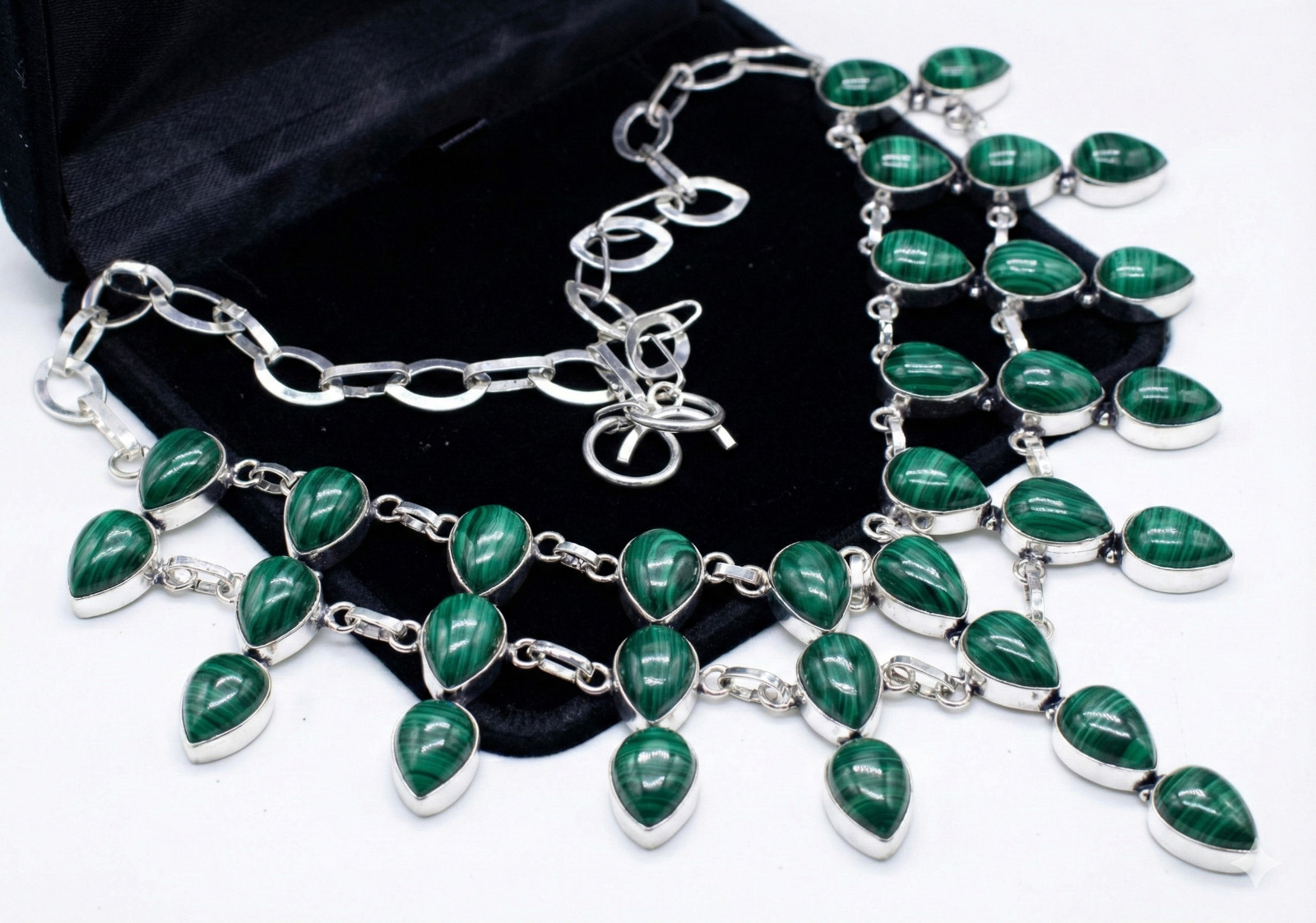 925 Sterling Silver Green Malachite Gemstone Handmade Jewelry Necklace Size-18″