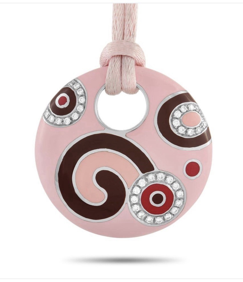 Roberto Coin 18K white gold necklace pink enamel and diamonds on a silk cord